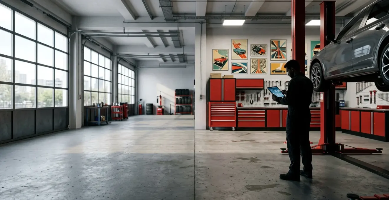 Mécanicien dans un atelier moderne utilisant une tablette numérique pour gérer les réparations automobiles