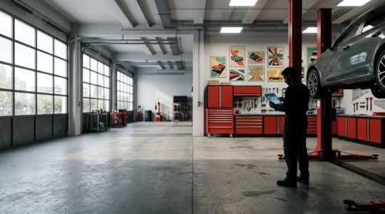 Mécanicien dans un atelier moderne utilisant une tablette numérique pour gérer les réparations automobiles