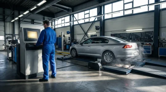 Mécanicien analysant le rapport d'un banc de freinage avec des rouleaux et un véhicule en test