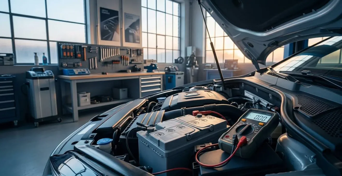 Diagnostic de batterie automobile avec multimètre dans un garage professionnel au petit matin