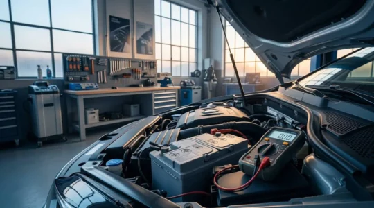 Diagnostic de batterie automobile avec multimètre dans un garage professionnel au petit matin