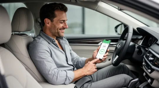 Conducteur consultant son application mobile d'assurance connectée avec tableau de bord moderne de voiture