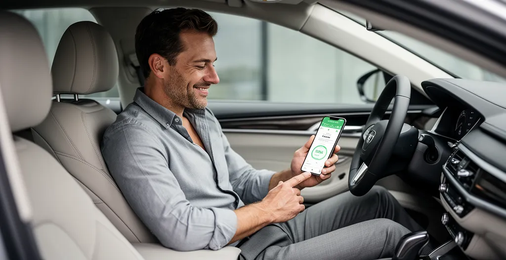 Conducteur consultant son application mobile d'assurance connectée avec tableau de bord moderne de voiture