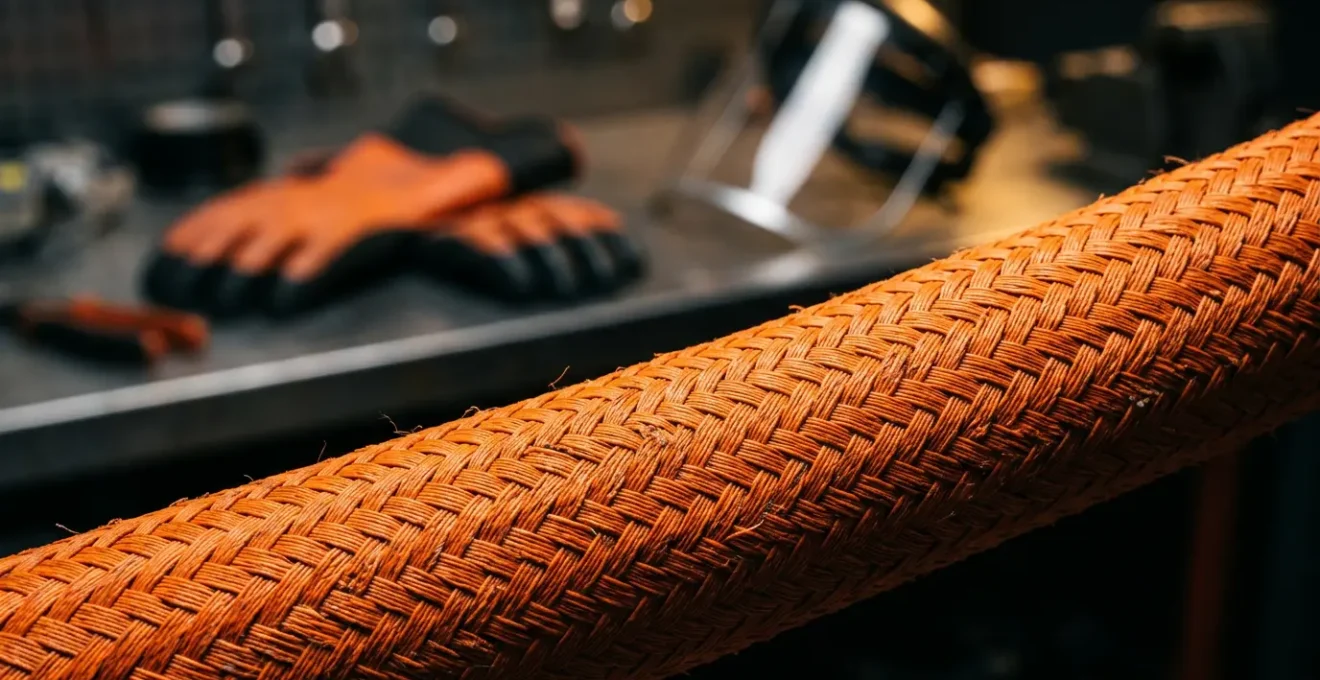 Gros plan sur un câble orange haute tension de véhicule électrique avec équipements de protection individuelle en arrière-plan