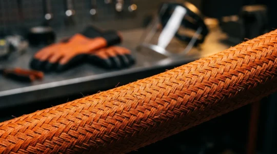 Gros plan sur un câble orange haute tension de véhicule électrique avec équipements de protection individuelle en arrière-plan