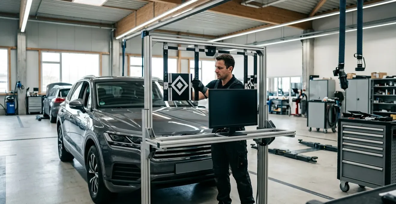 Technicien automobile effectuant le calibrage d'une caméra ADAS sur un pare-brise dans un atelier spécialisé