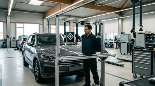Technicien automobile effectuant le calibrage d'une caméra ADAS sur un pare-brise dans un atelier spécialisé