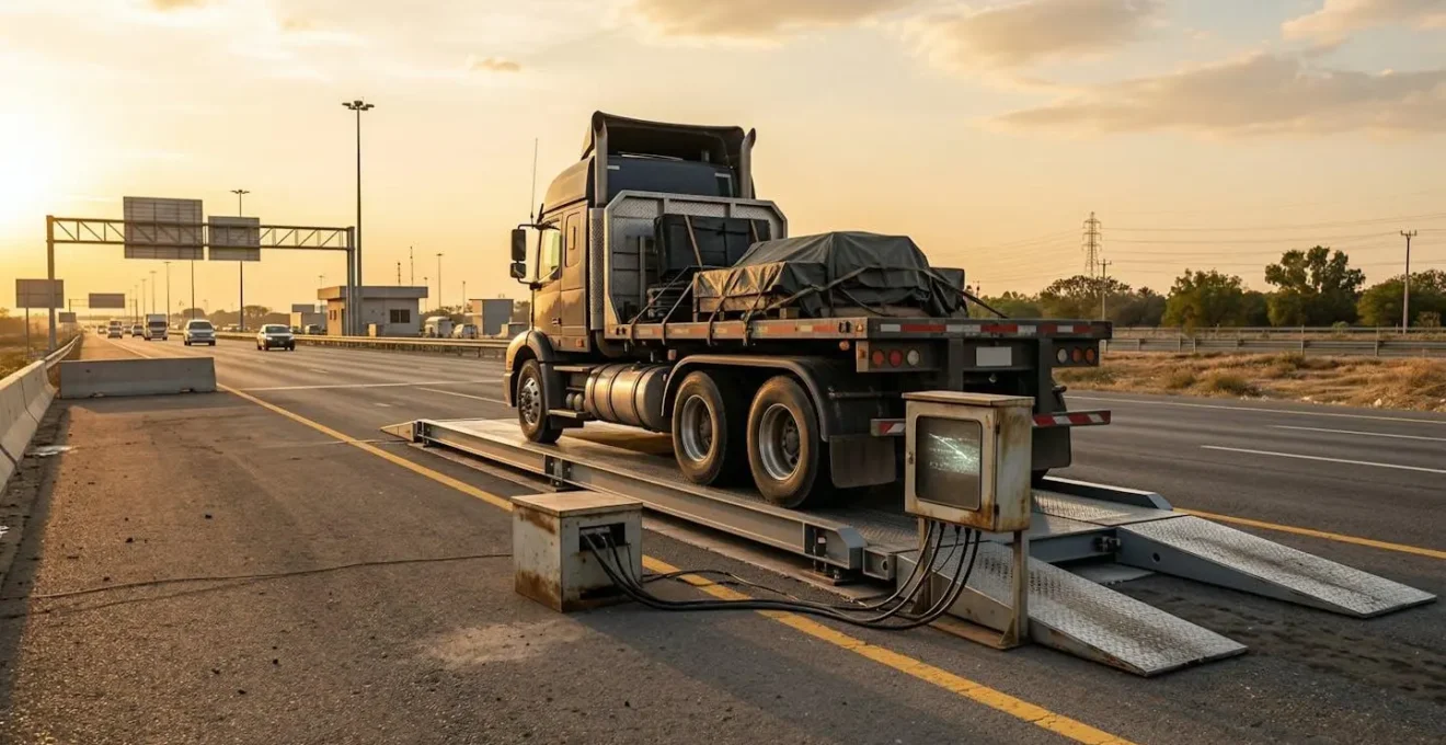 Camion poids lourd en cours de contrôle de pesage sur une aire d'autoroute avec système de pesée mobile