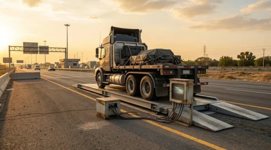 Camion poids lourd en cours de contrôle de pesage sur une aire d'autoroute avec système de pesée mobile