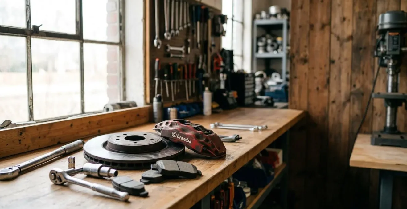 Vue détaillée d'un système de freinage automobile avec plaquettes et disques, outils disposés sur un établi dans un garage bien éclairé
