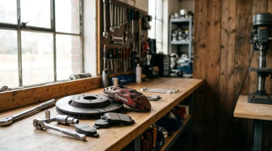 Vue détaillée d'un système de freinage automobile avec plaquettes et disques, outils disposés sur un établi dans un garage bien éclairé