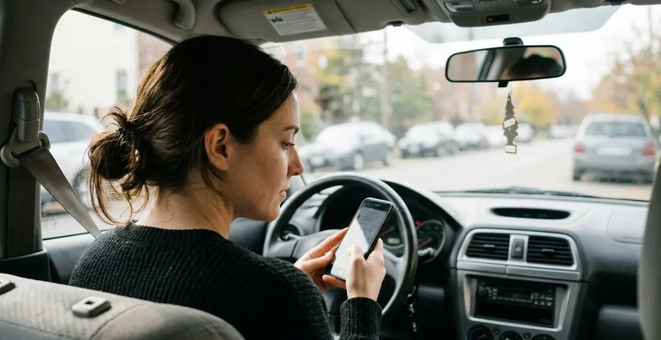 Une femme assise côté conducteur consulte son téléphone avec concentration, tableau de bord flouté en arrière-plan