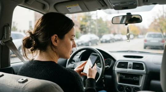 Une femme assise côté conducteur consulte son téléphone avec concentration, tableau de bord flouté en arrière-plan