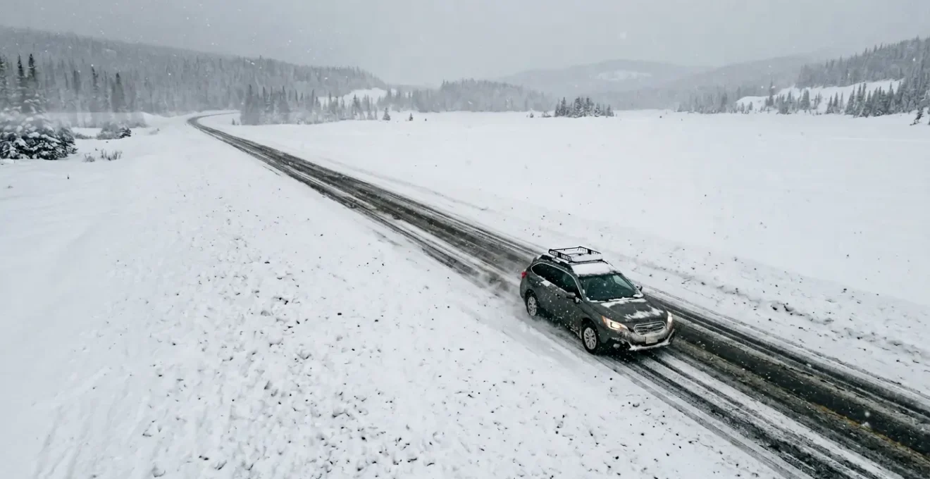 Conducteur prudent au volant sur route hivernale enneigée avec visibilité réduite