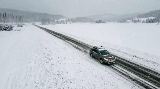 Conducteur prudent au volant sur route hivernale enneigée avec visibilité réduite