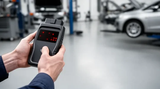 Mécanicien utilisant un outil de diagnostic OBD2 sur un véhicule avec negative space