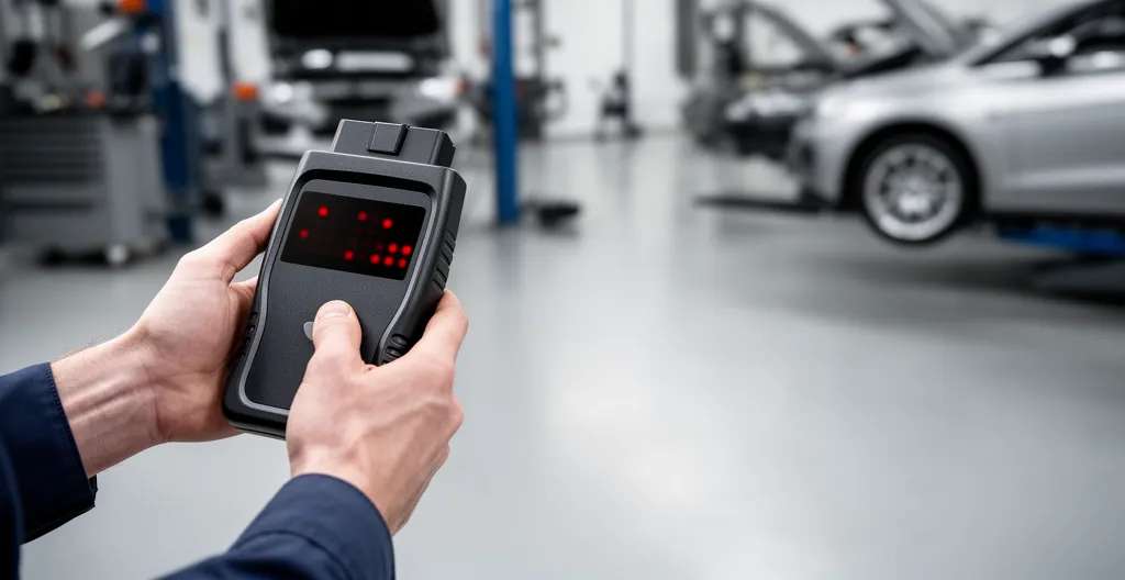 Mécanicien utilisant un outil de diagnostic OBD2 sur un véhicule avec negative space
