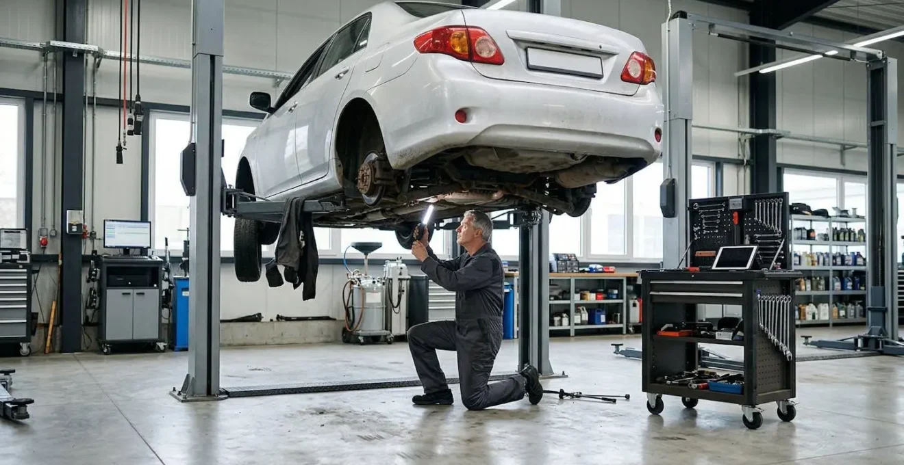 Mécanicien inspectant le châssis et les points de contrôle sous une voiture de 10 ans dans un atelier