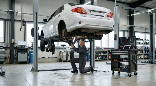 Mécanicien inspectant le châssis et les points de contrôle sous une voiture de 10 ans dans un atelier