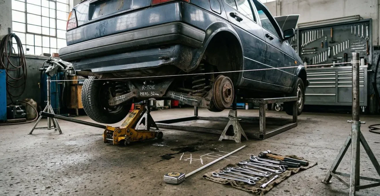 Vue détaillée d'un train arrière automobile en cours d'inspection dans un atelier professionnel