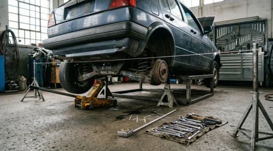 Vue détaillée d'un train arrière automobile en cours d'inspection dans un atelier professionnel