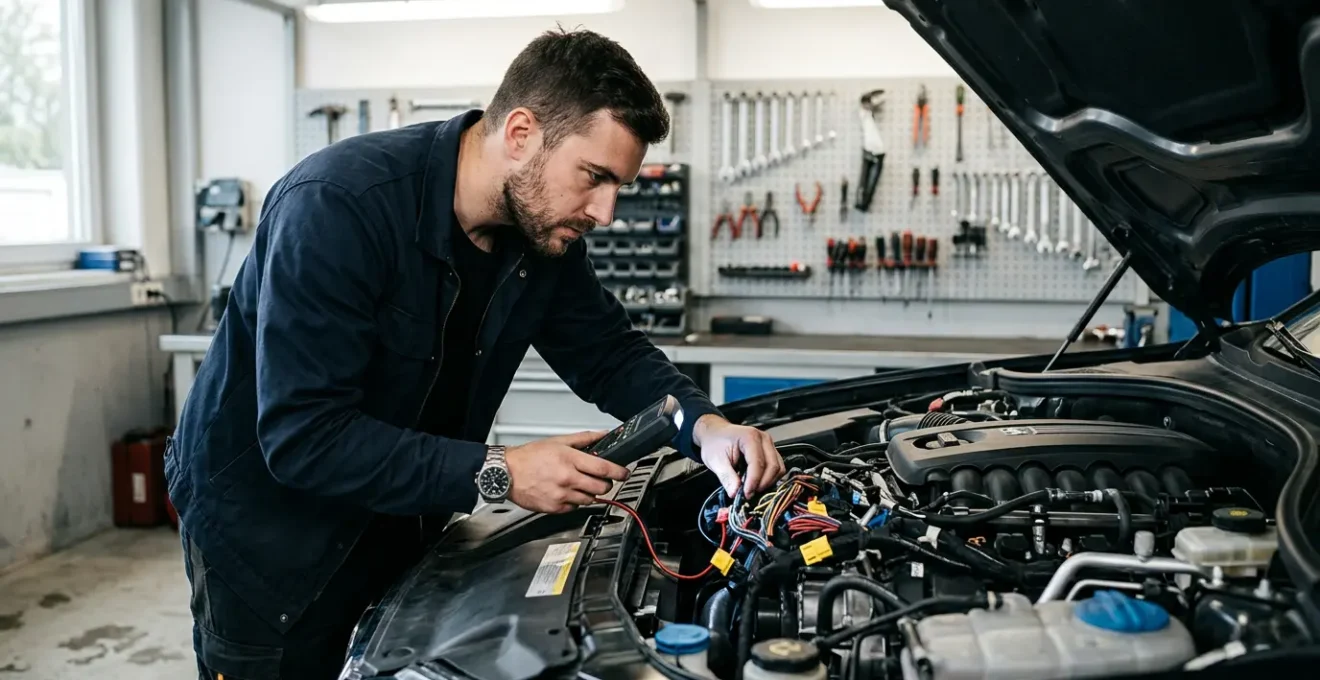 Technicien inspectant avec une lampe témoin un faisceau électrique automobile dans le compartiment moteur