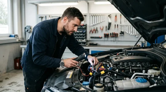 Technicien inspectant avec une lampe témoin un faisceau électrique automobile dans le compartiment moteur