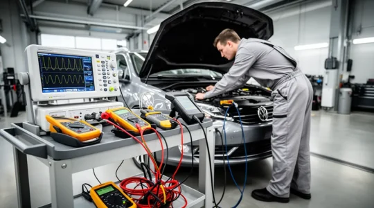 Mécanicien analysant un moteur avec oscilloscope et valise diagnostic