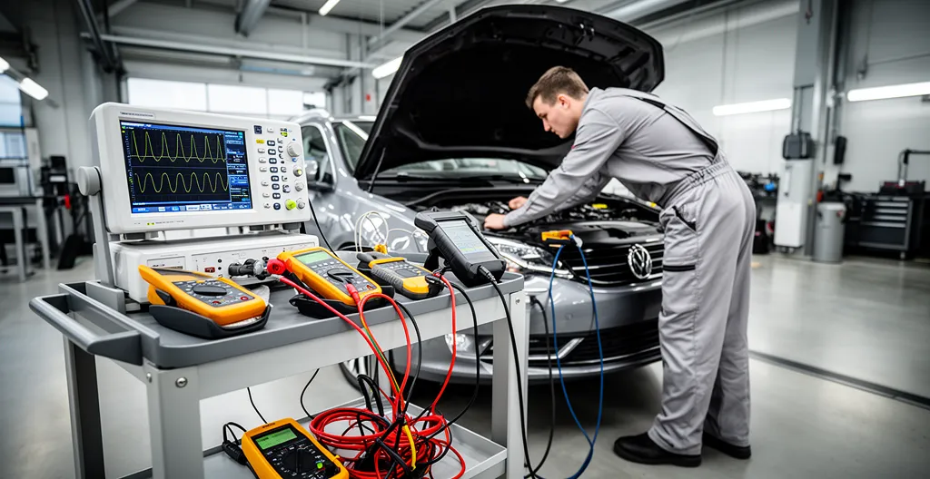 Mécanicien analysant un moteur avec oscilloscope et valise diagnostic