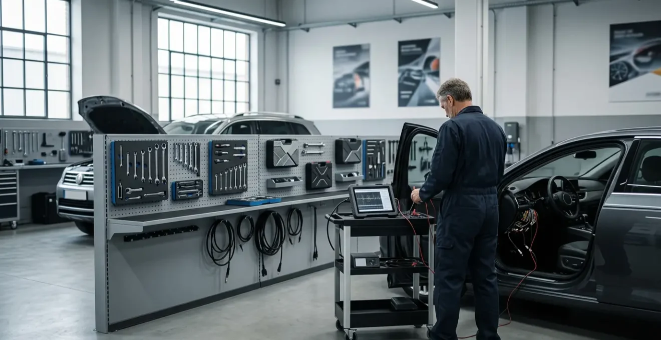 Mécanicien expert analysant les signaux d'un réseau CAN avec un oscilloscope dans un atelier automobile moderne