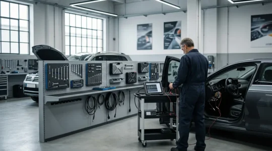 Mécanicien expert analysant les signaux d'un réseau CAN avec un oscilloscope dans un atelier automobile moderne