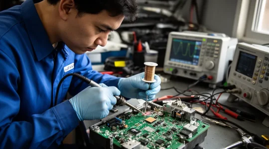 Mécanicien réparant un calculateur ABS avec outils de précision dans un atelier automobile