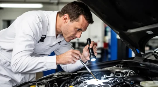 Mécanicien expert examinant un moteur de voiture d'occasion avec une lampe torche, dans un atelier automobile professionnel
