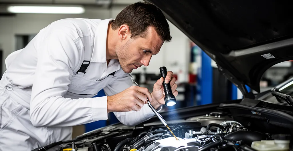 Mécanicien expert examinant un moteur de voiture d'occasion avec une lampe torche, dans un atelier automobile professionnel