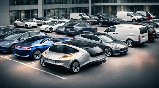 Parc automobile d'entreprise avec véhicules électriques et hybrides alignés dans un environnement professionnel moderne