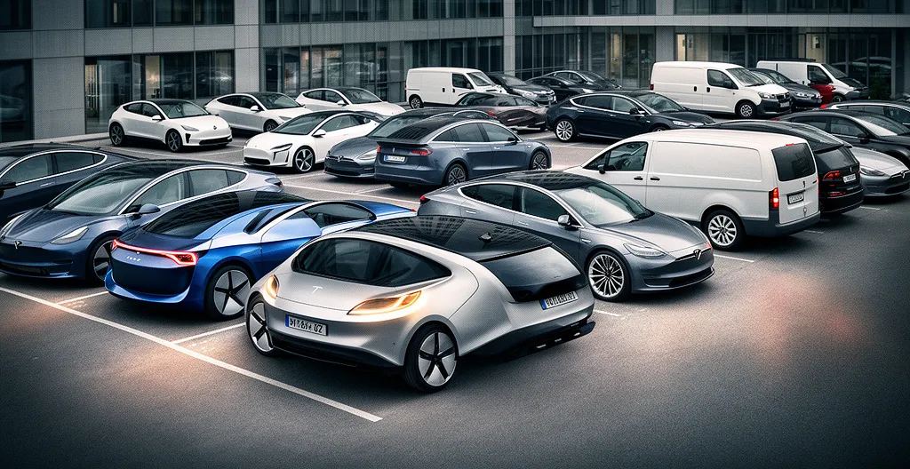 Parc automobile d'entreprise avec véhicules électriques et hybrides alignés dans un environnement professionnel moderne
