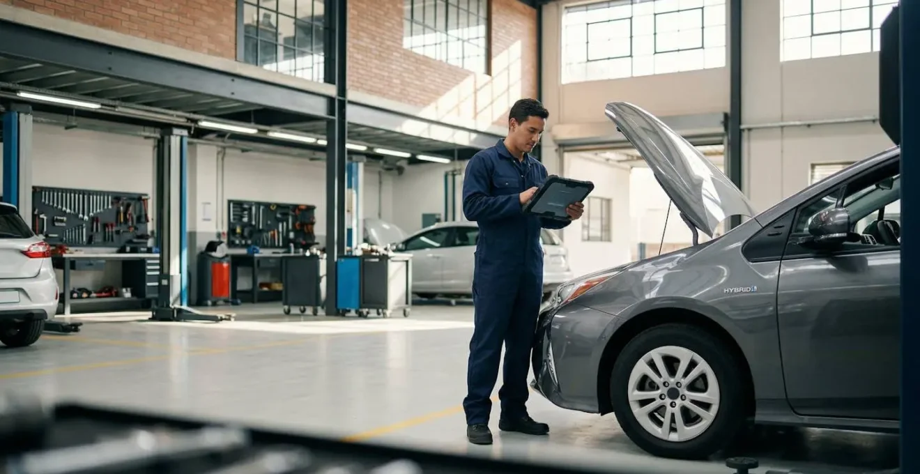 Mécanicien spécialisé travaillant sur le système hybride d'une voiture dans un garage moderne avec équipements de diagnostic avancés
