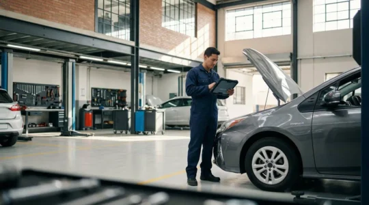 Mécanicien spécialisé travaillant sur le système hybride d'une voiture dans un garage moderne avec équipements de diagnostic avancés