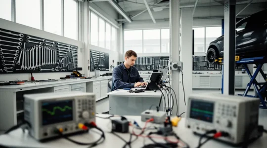 Mécanicien expert analysant une panne complexe dans un atelier automobile moderne avec outils de diagnostic avancés