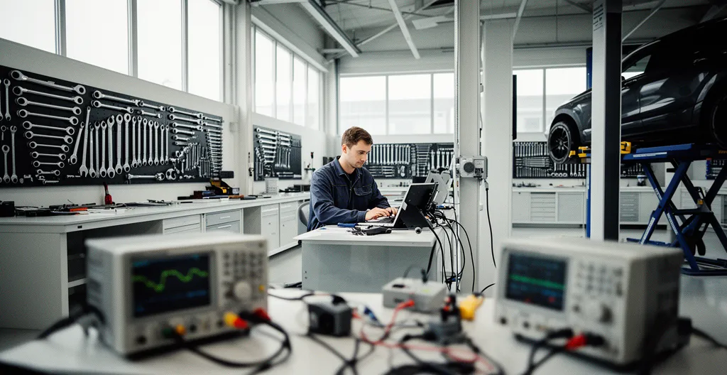 Mécanicien expert analysant une panne complexe dans un atelier automobile moderne avec outils de diagnostic avancés