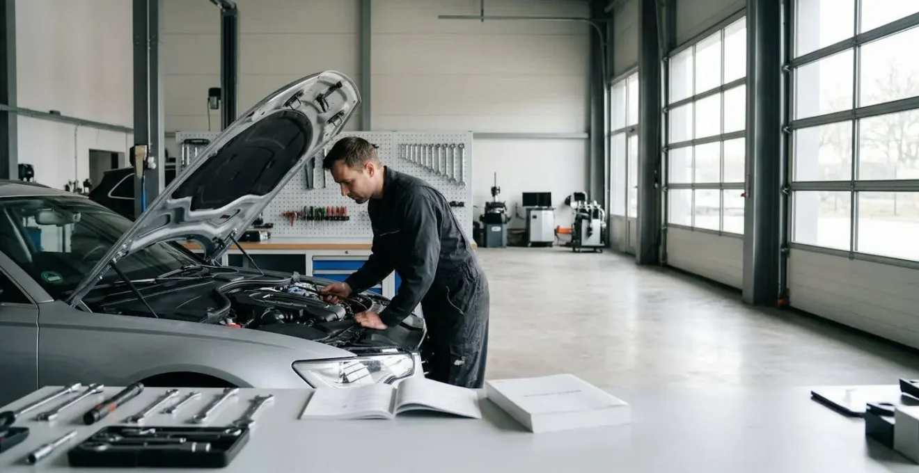 Mécanicien inspectant un moteur de voiture dans un garage indépendant avec carnet d'entretien visible