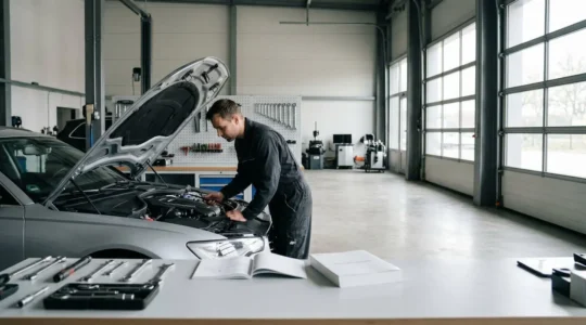 Mécanicien inspectant un moteur de voiture dans un garage indépendant avec carnet d'entretien visible