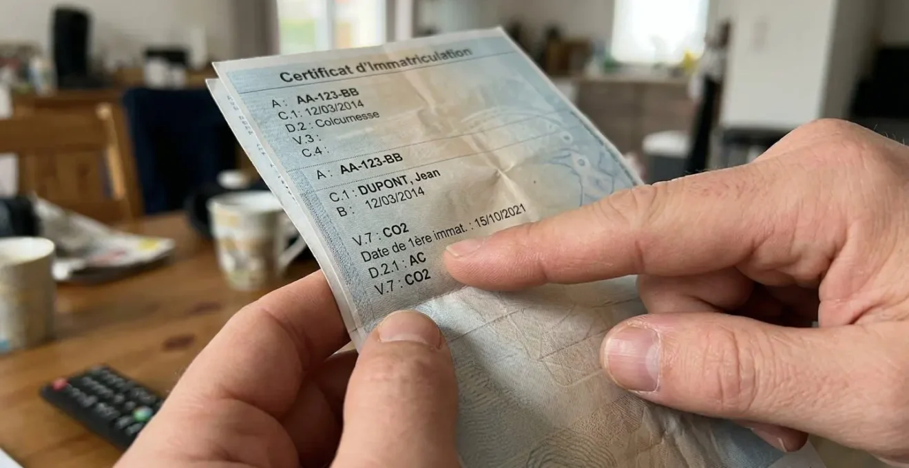 Gros plan sur des mains tenant une carte grise française au format européen, un index pointant une rubrique