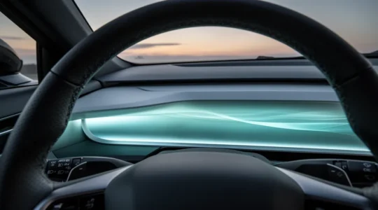 Tableau de bord futuriste d'une voiture avec données prédictives et hologrammes d'analyse en temps réel
