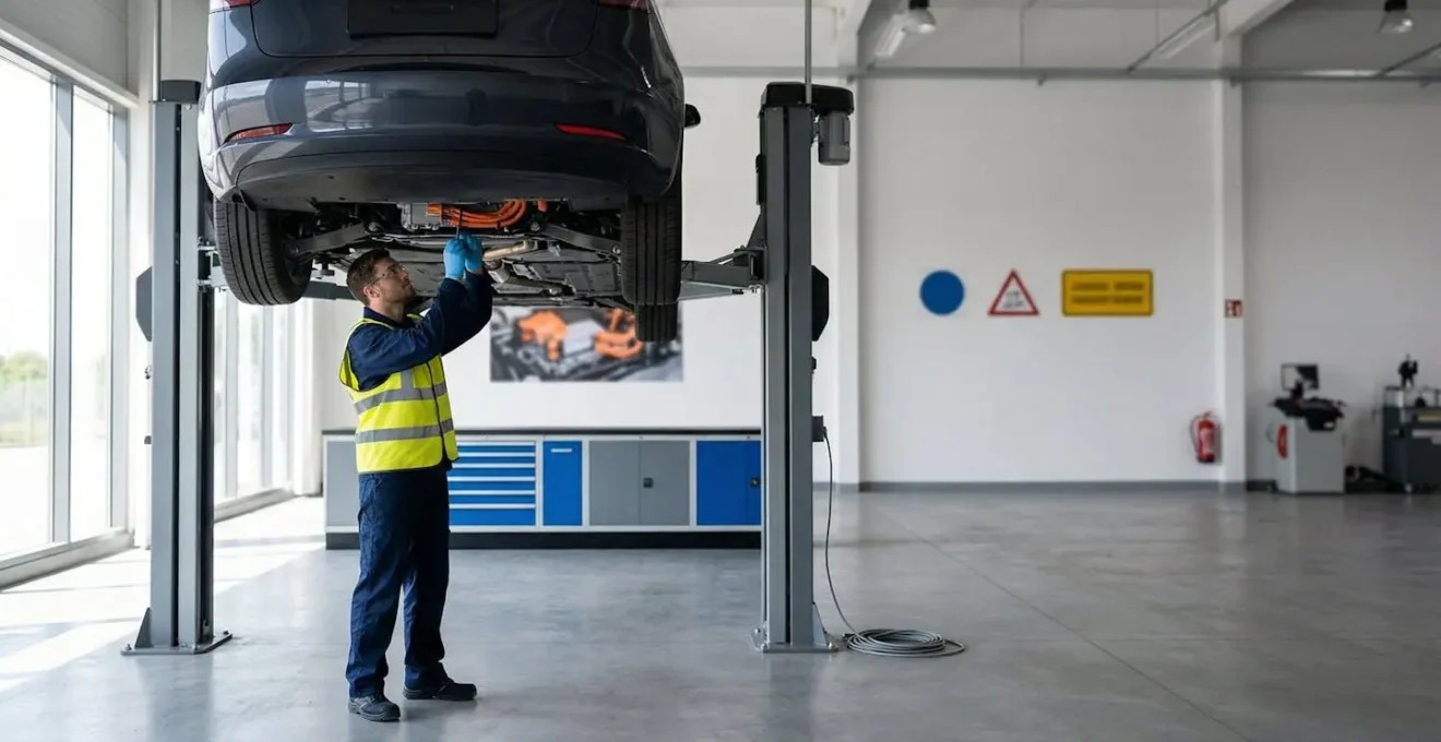 Mécanicien automobile portant des équipements de protection électrique travaillant sur une voiture électrique dans un atelier spécialisé