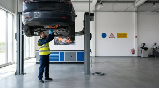 Mécanicien automobile portant des équipements de protection électrique travaillant sur une voiture électrique dans un atelier spécialisé