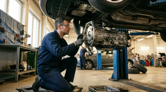 Un mécanicien professionnel examine une boîte automatique dans un atelier automobile moderne