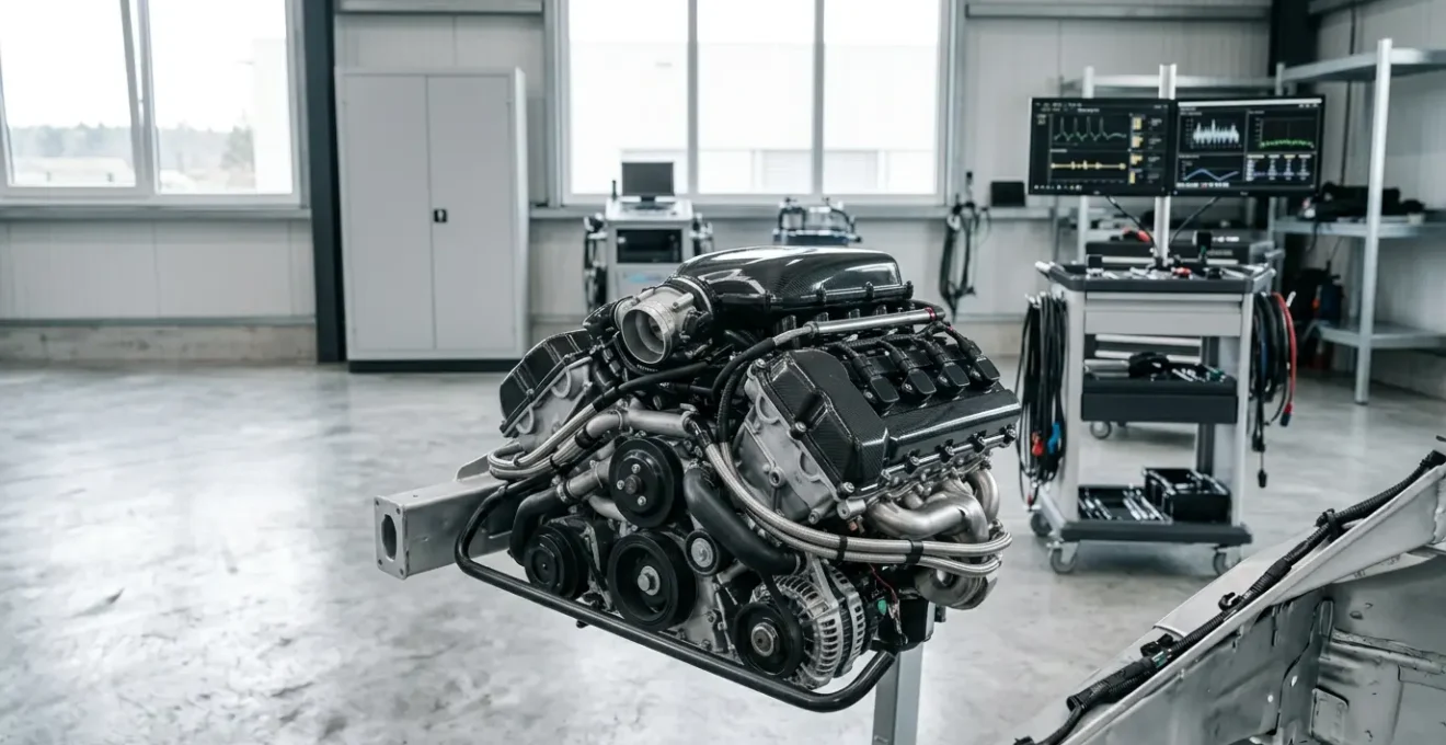 Vue détaillée d'un moteur moderne avec calculateur et composants électroniques visibles