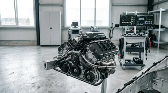 Vue détaillée d'un moteur moderne avec calculateur et composants électroniques visibles