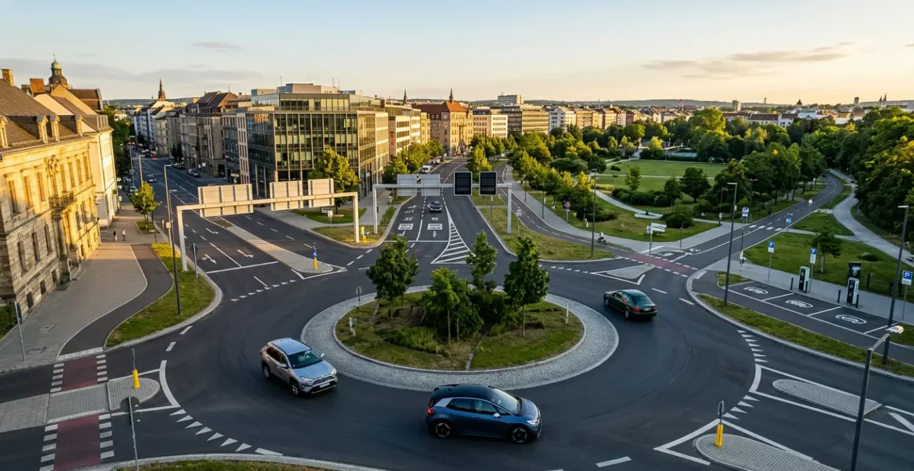 Vue aérienne d'une zone urbaine avec différents types de véhicules et panneaux de signalisation ZFE